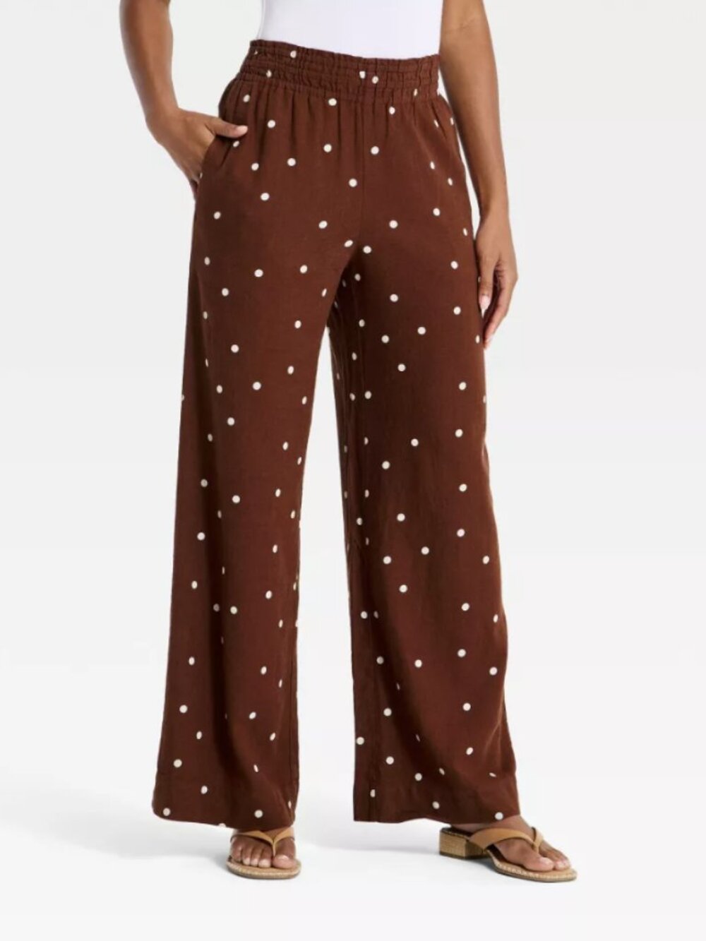 NWT S Women’s Polka Dot Elastic Waist Wide-Leg Pants - Linen